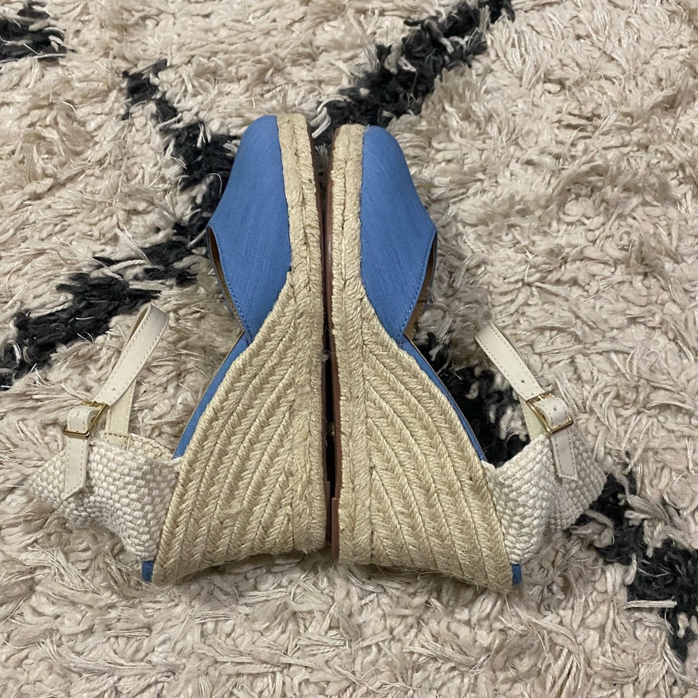J.Crew Blue and Cream Knit Ankle Strap Espadrille Platform Wedges - Picture 4 of 10
